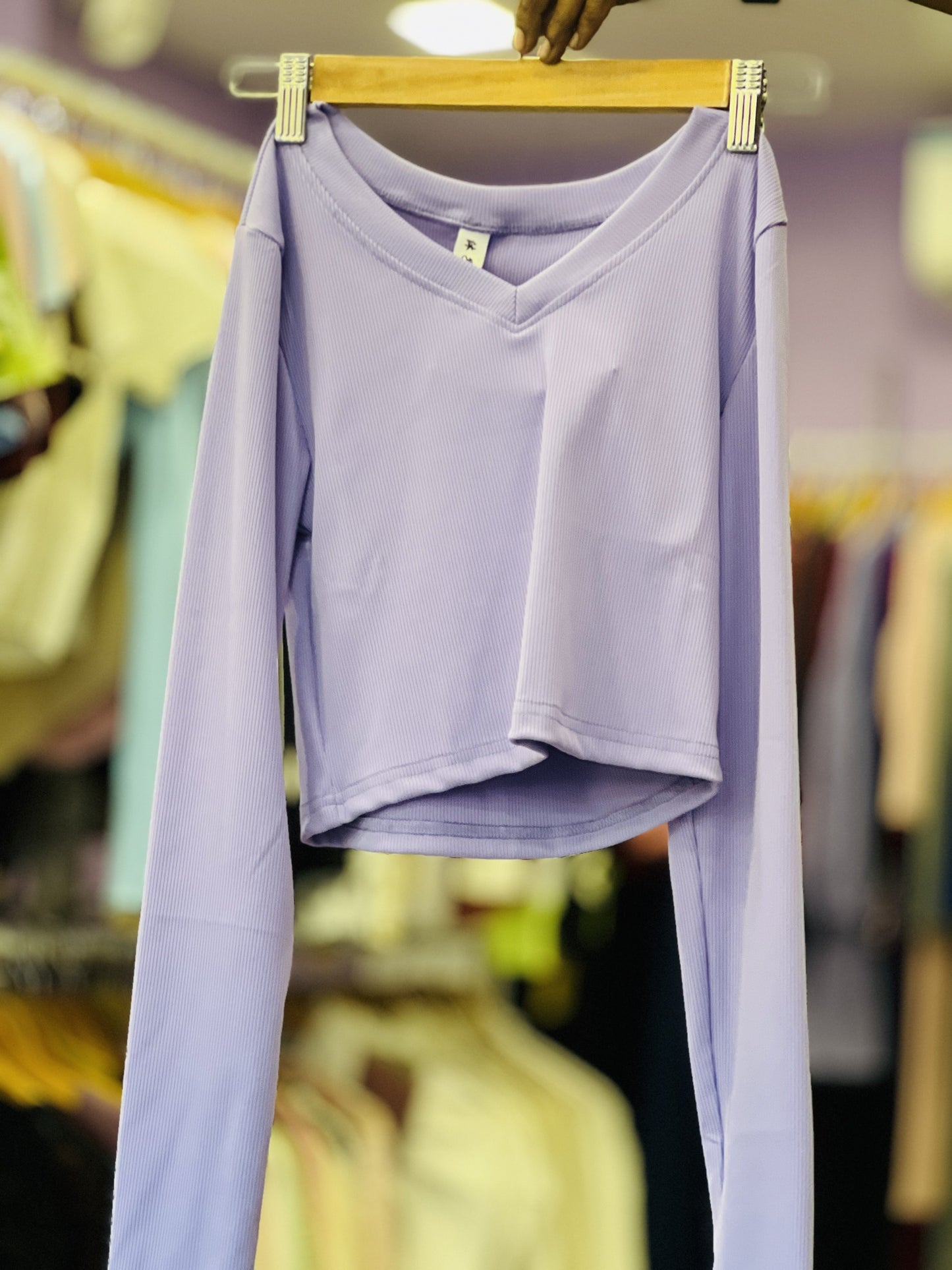 Lilac Ribbed Long-Sleeve Crop Top