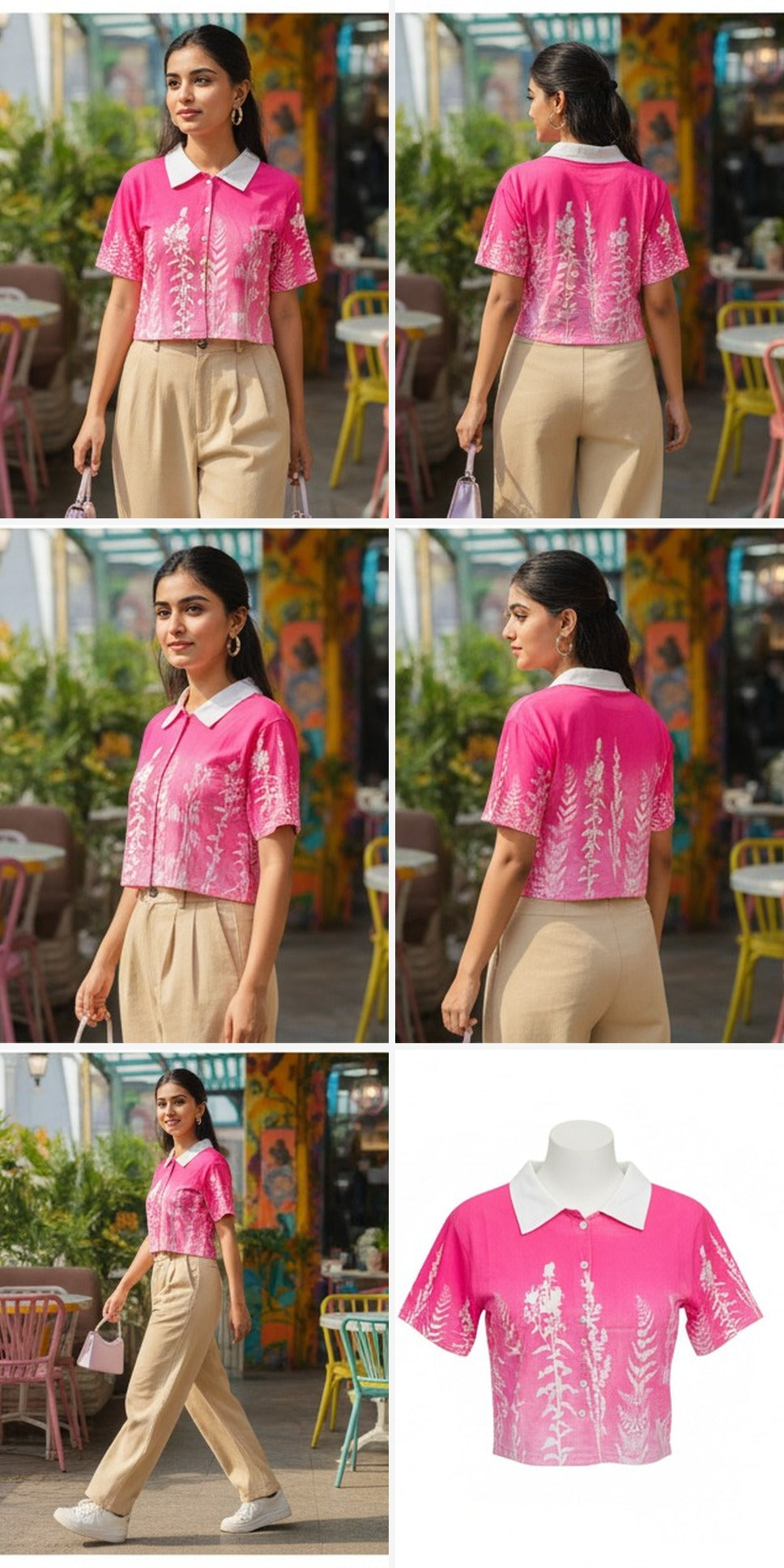 Pink Floral Printed Cropped Polo Top