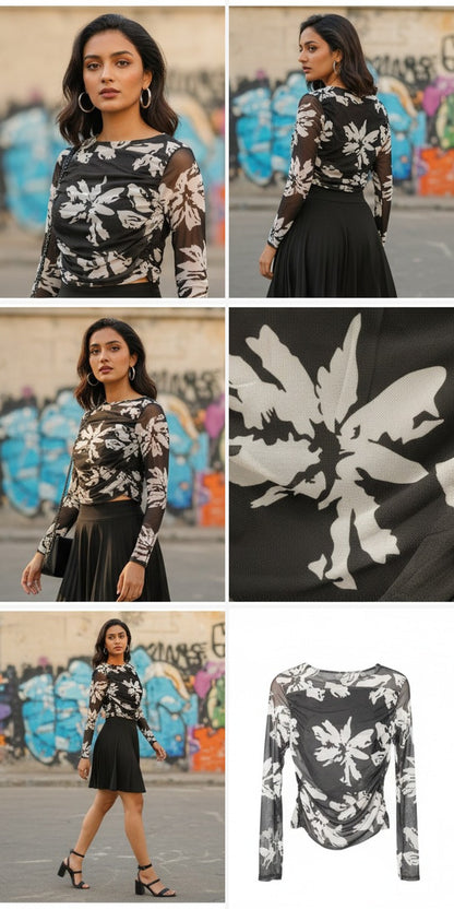 Black Floral Mesh Crop Top