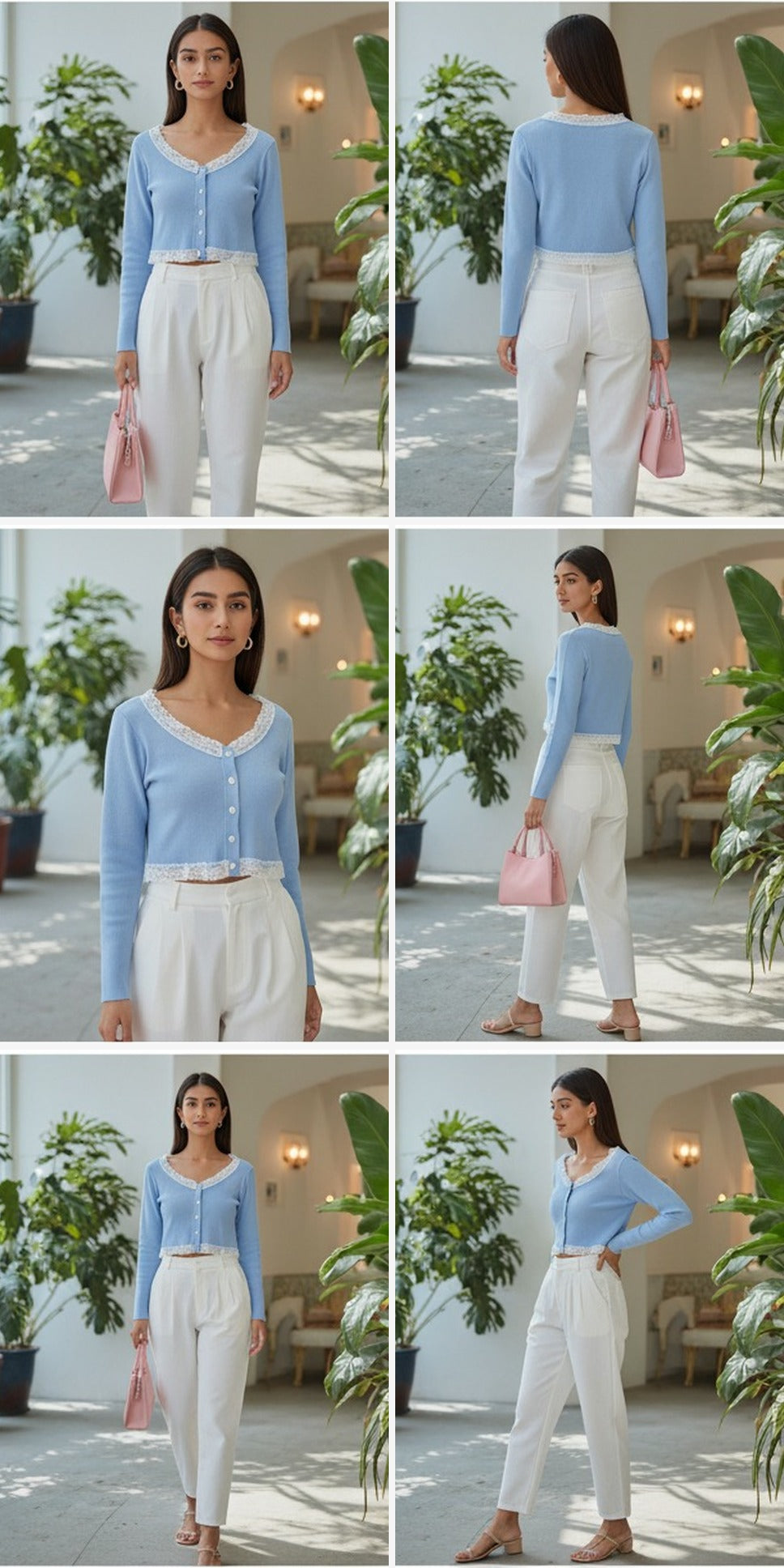 Sky Blue Cropped Cardigan with Lace Trim