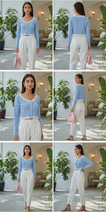 Sky Blue Cropped Cardigan with Lace Trim