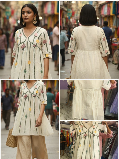 Ivory Floral Embroidered A-Line Kurti