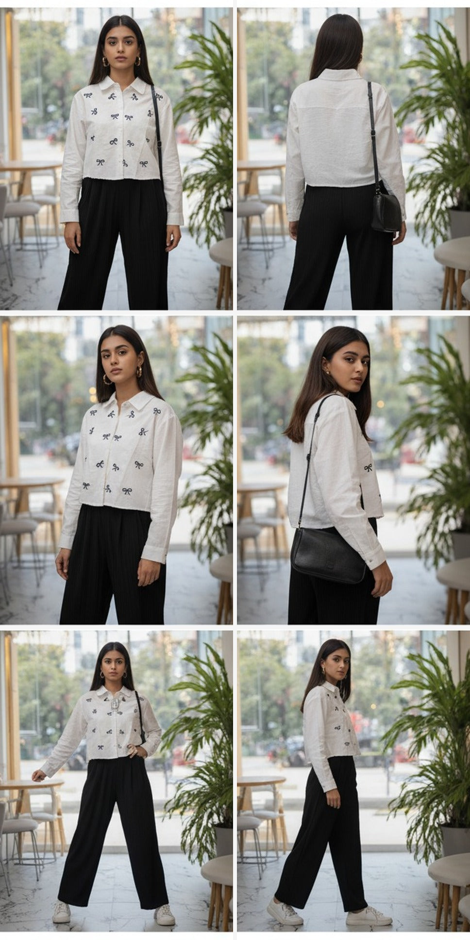 White Cropped Button-Down Shirt with Bow Embroidery
