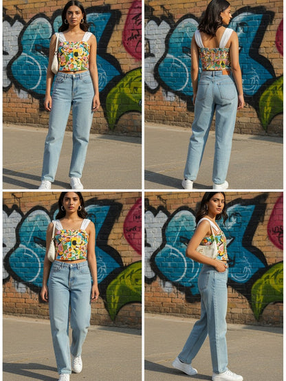 Colorful Floral Printed Crop Top with White Straps