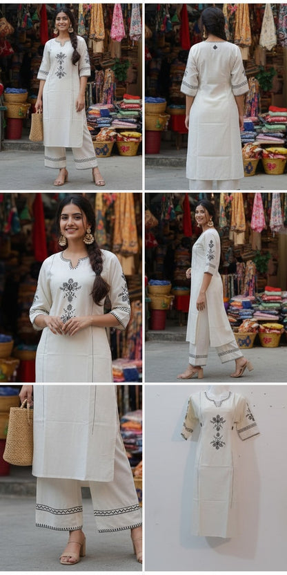 Ivory Embroidered Kurti with Matching Palazzo Set