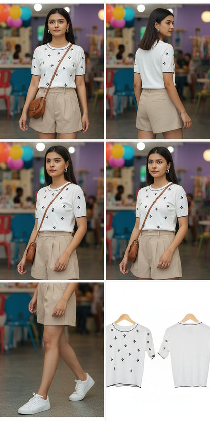 White Floral Embroidered Short Sleeve Sweater