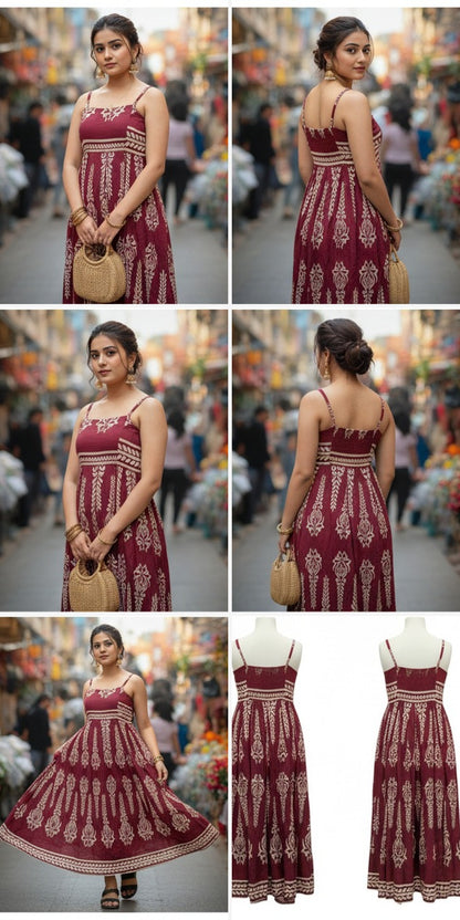 Maroon Ethnic Floral Print Maxi Dress