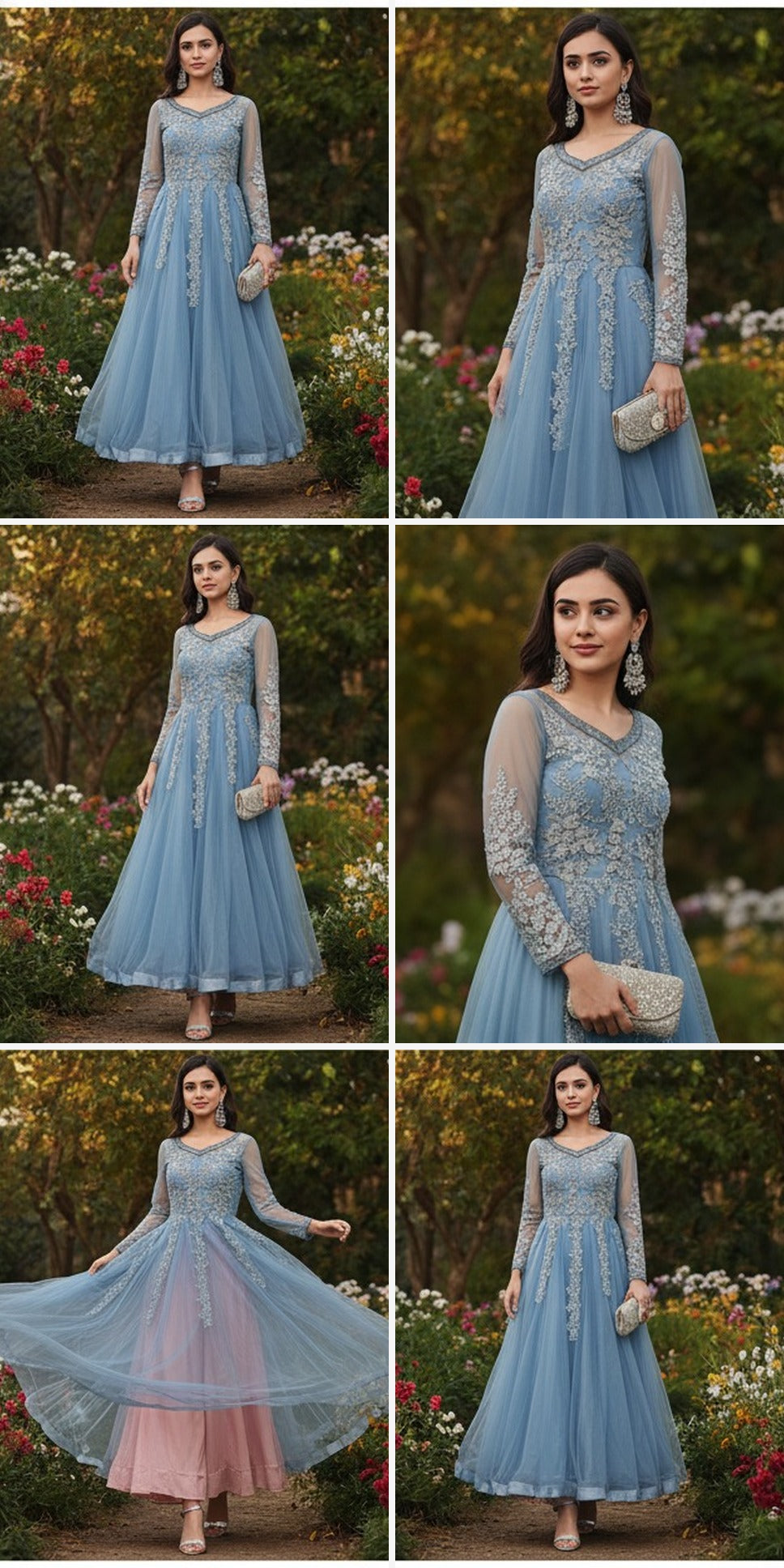Powder Blue Embroidered Tulle Maxi Dress