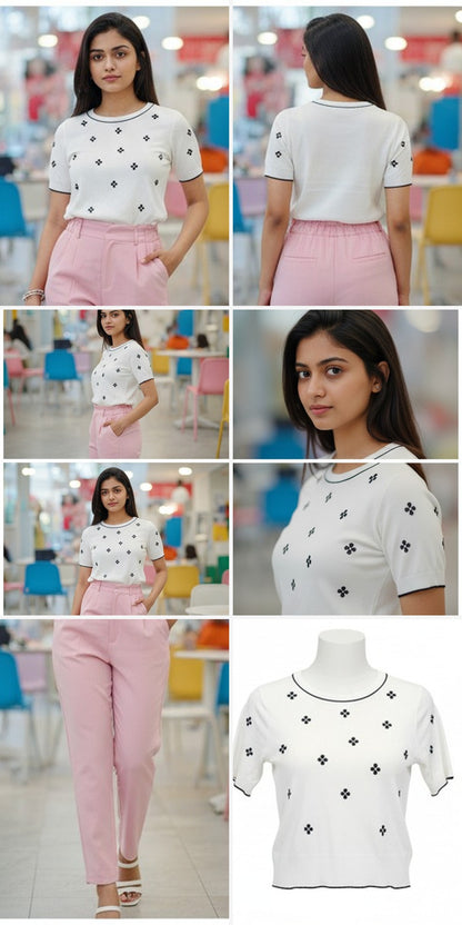 White Floral Embroidered Short Sleeve Knit Top