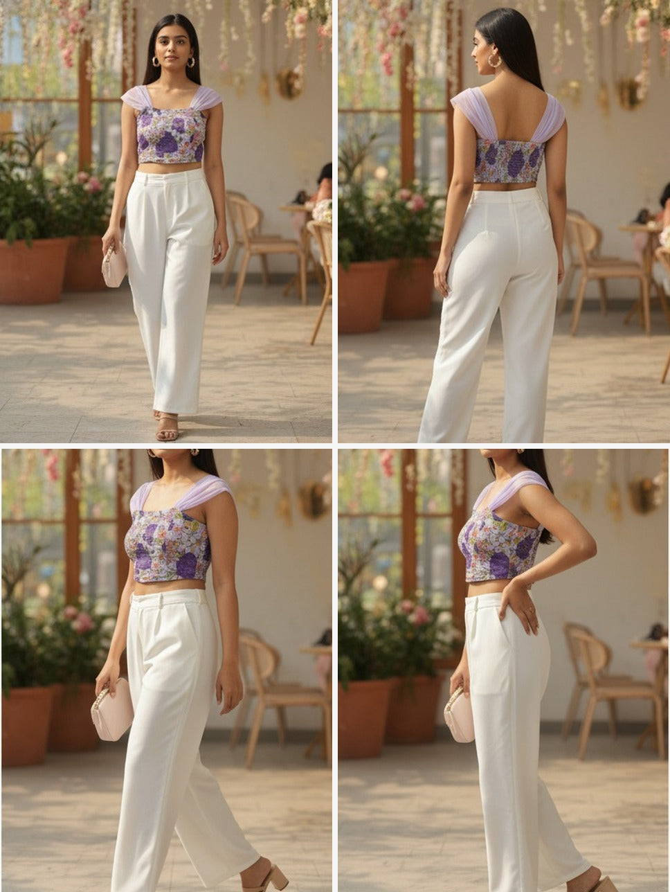 Lavender Floral Smocked Crop Top with Tulle Sleeves