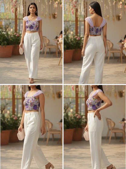 Lavender Floral Smocked Crop Top with Tulle Sleeves