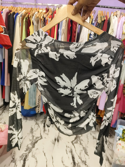 Black Floral Mesh Crop Top