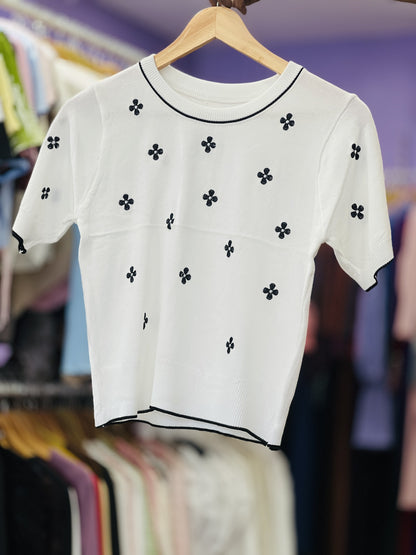 White Floral Embroidered Short Sleeve Knit Top