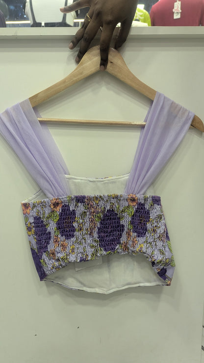 Lavender Floral Smocked Crop Top with Tulle Sleeves