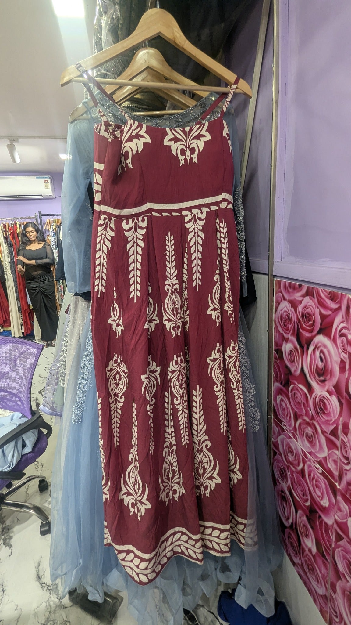 Maroon Ethnic Floral Print Maxi Dress