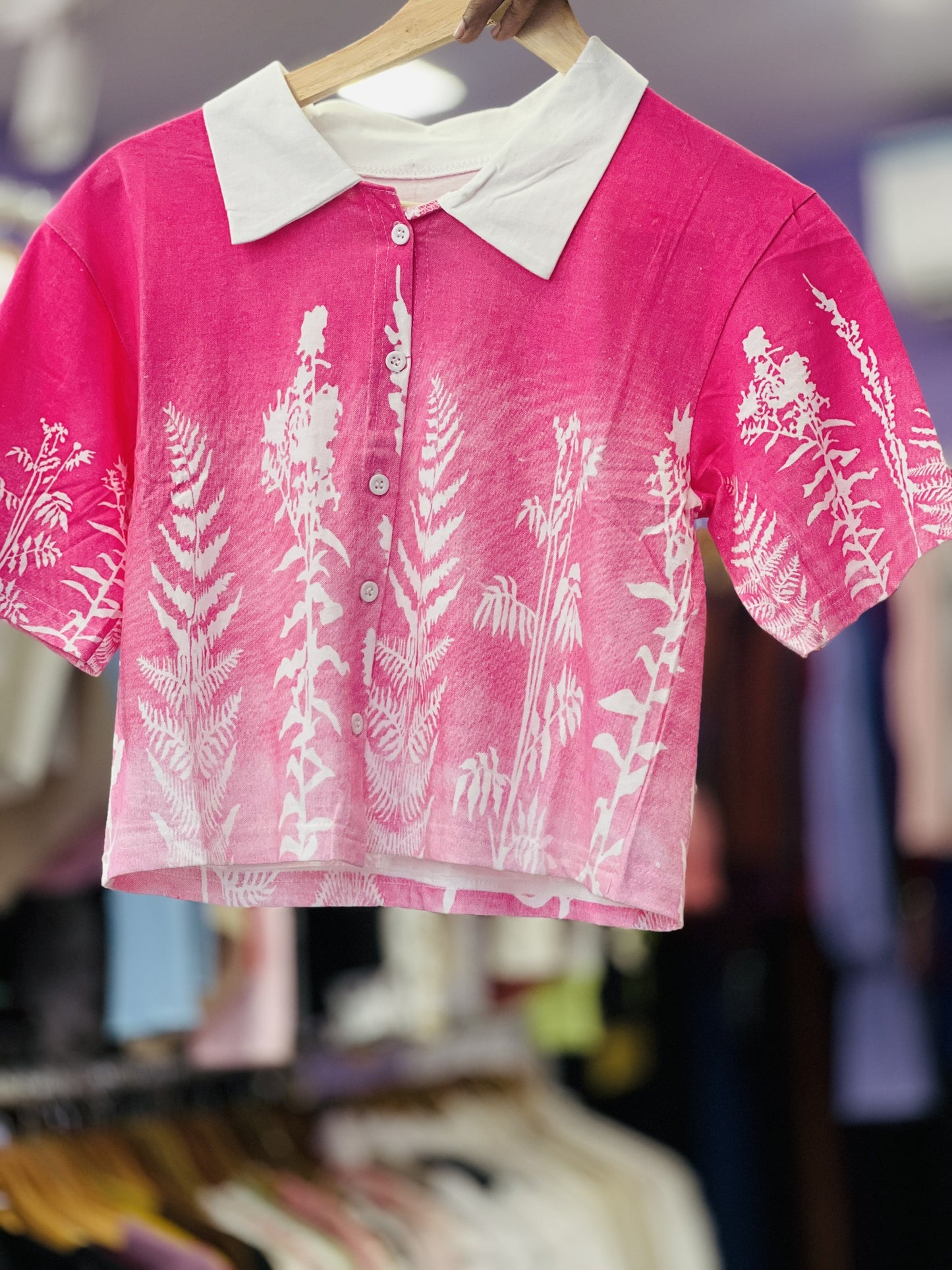 Pink Floral Printed Cropped Polo Top