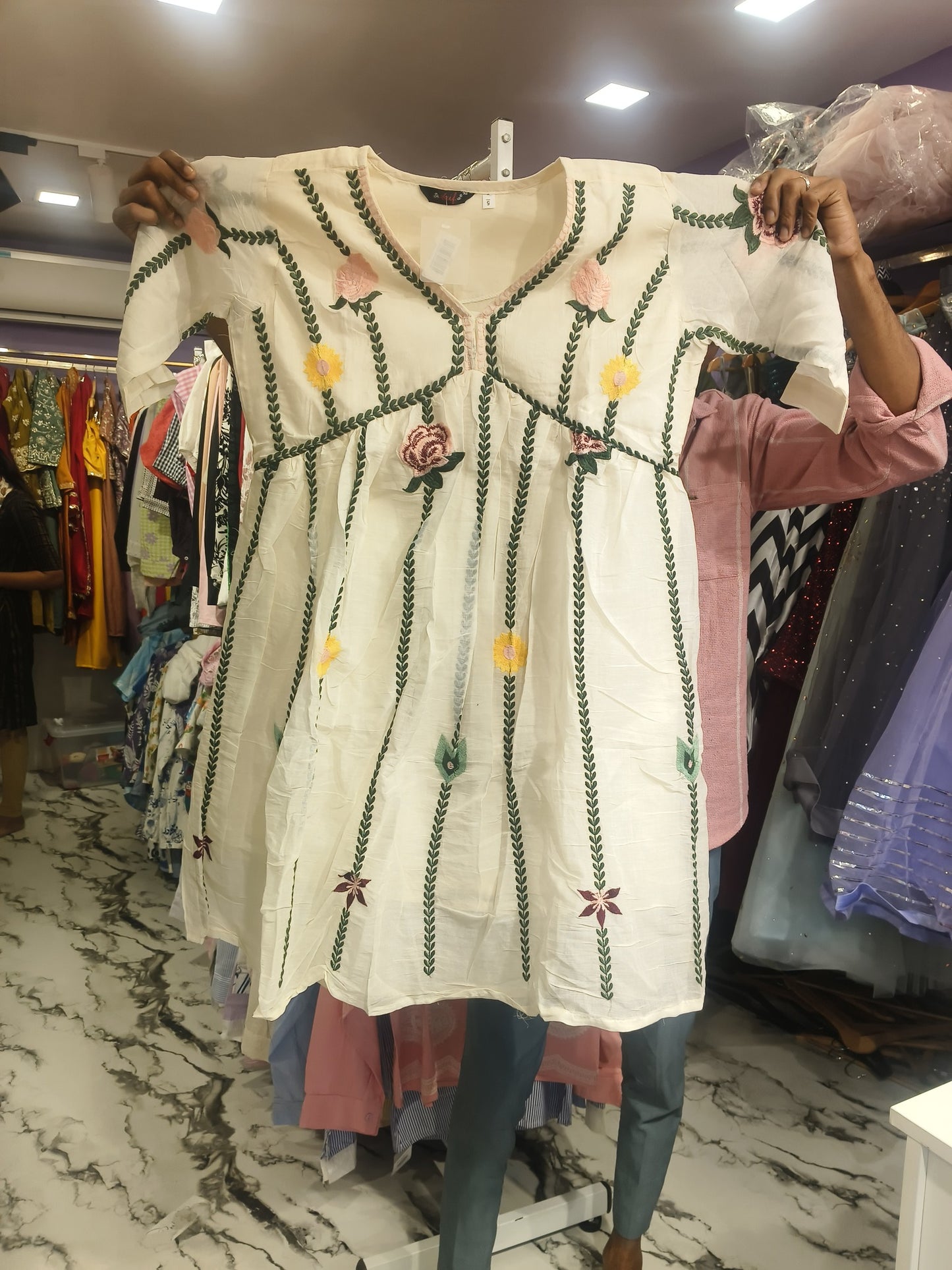 Ivory Floral Embroidered A-Line Kurti