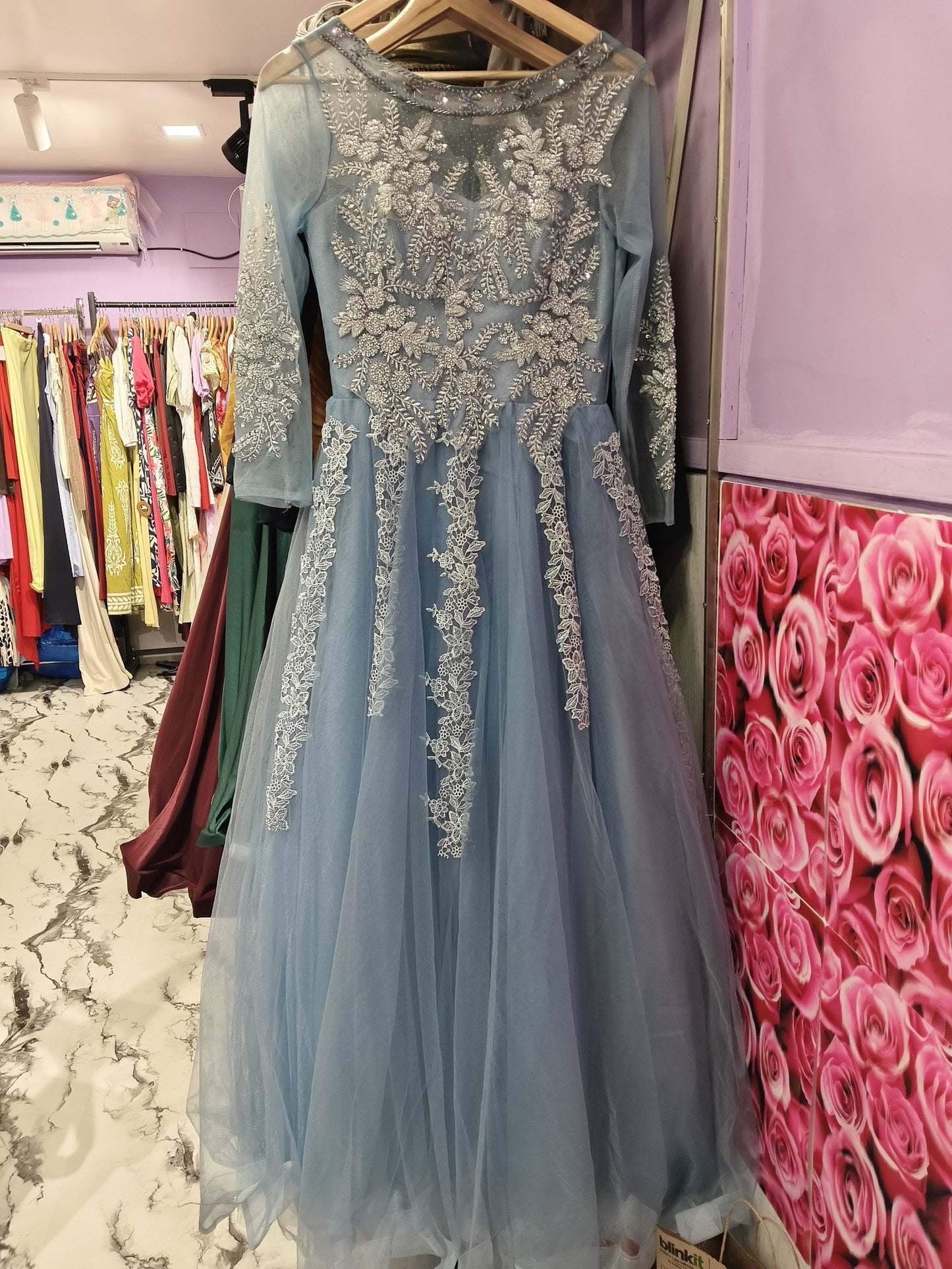 Powder Blue Embroidered Tulle Maxi Dress