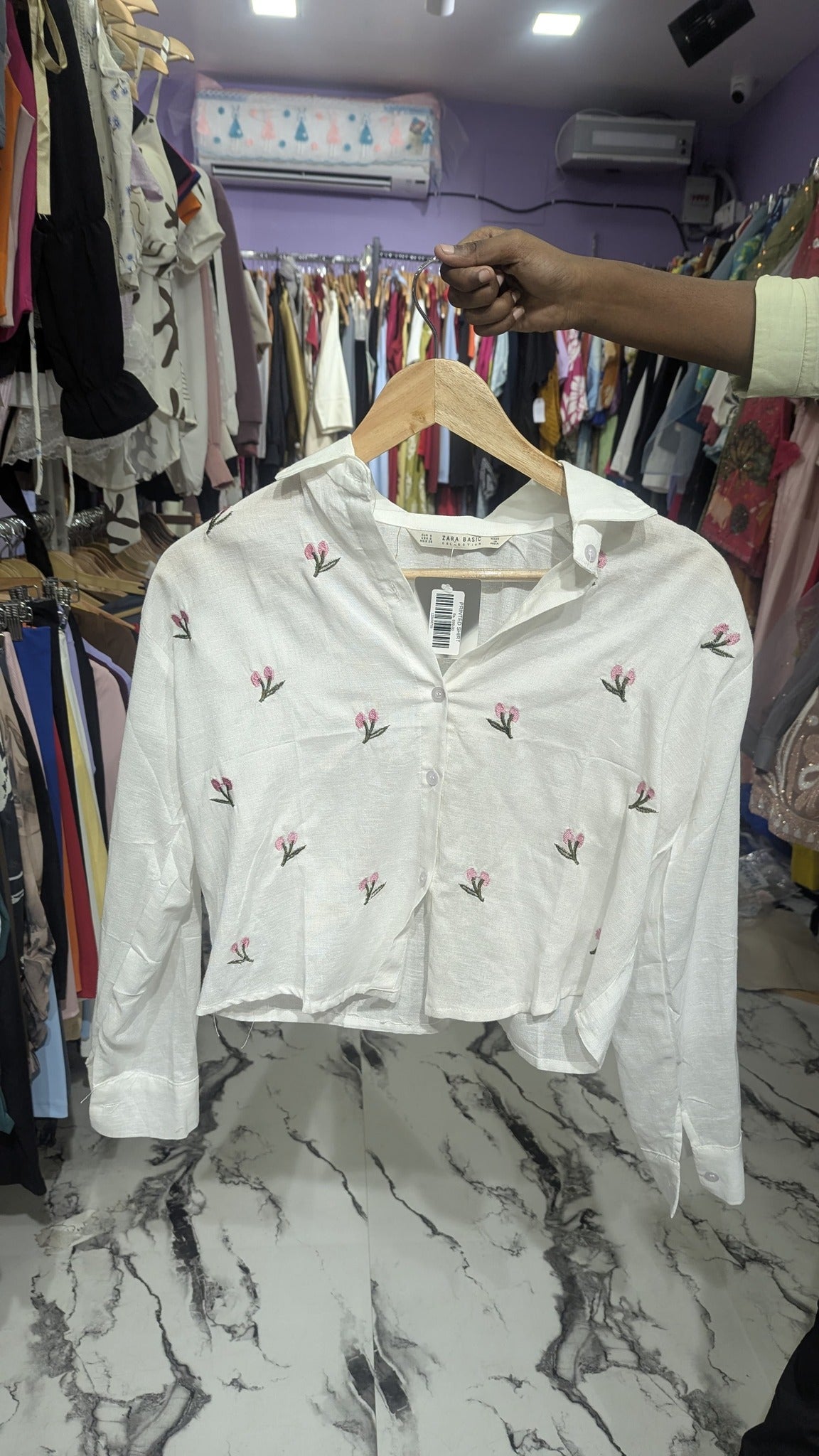 White Embroidered Cropped Button-Up Shirt