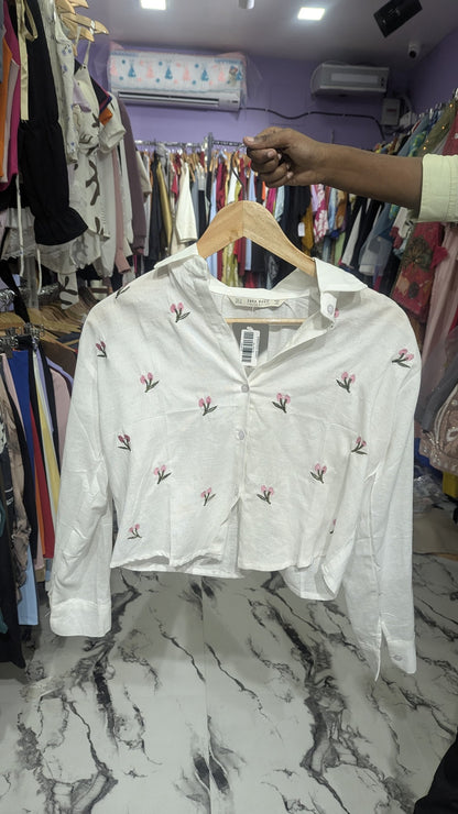 White Embroidered Cropped Button-Up Shirt