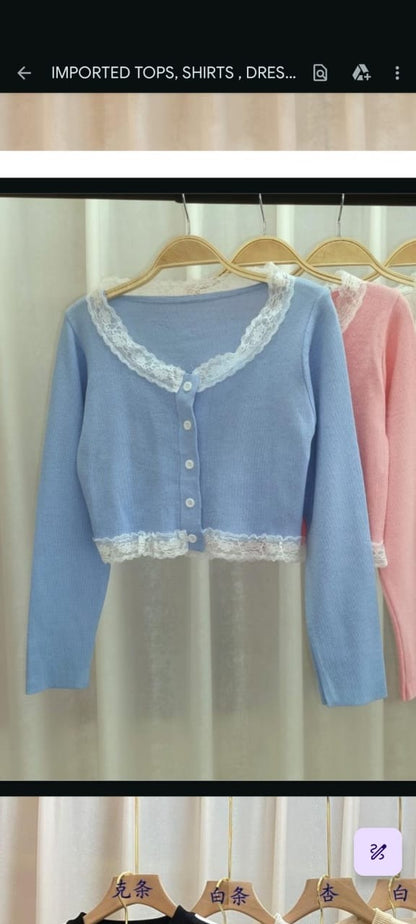 Sky Blue Lace-Trimmed Cropped Cardigan