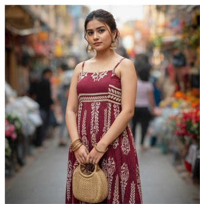 Maroon Ethnic Floral Print Maxi Dress