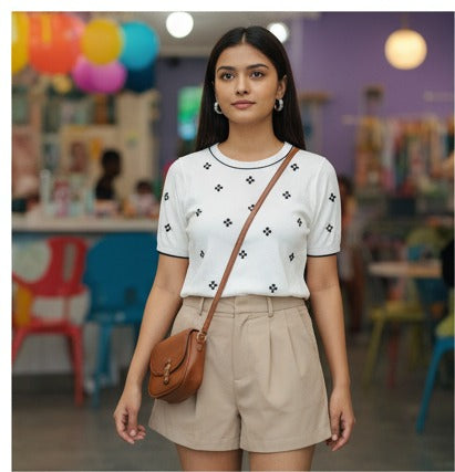 White Floral Embroidered Short Sleeve Sweater
