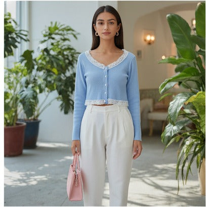 Sky Blue Cropped Cardigan with Lace Trim