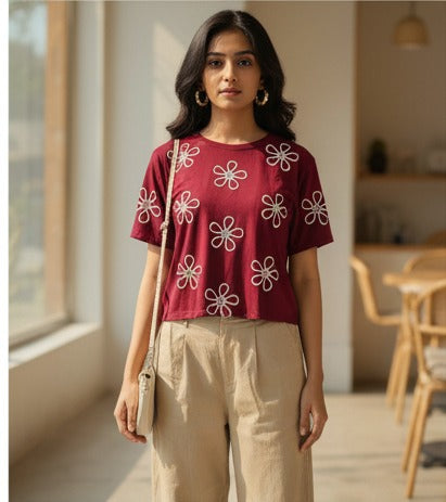 Maroon Floral Embroidered Crop Top