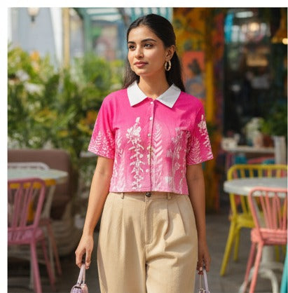 Pink Floral Printed Cropped Polo Top
