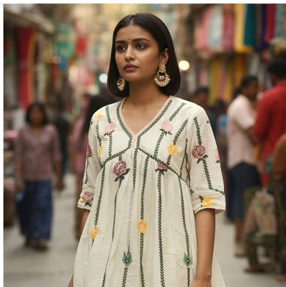 Ivory Floral Embroidered A-Line Kurti