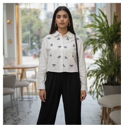 White Cropped Button-Down Shirt with Bow Embroidery
