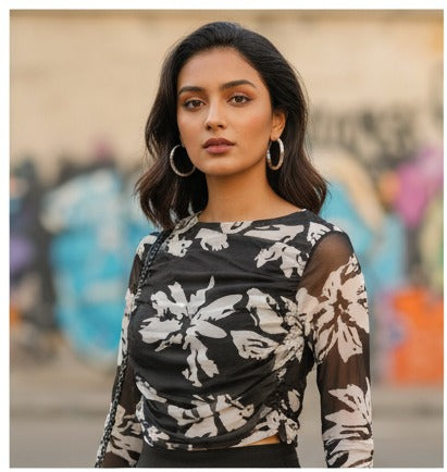 Black Floral Mesh Crop Top