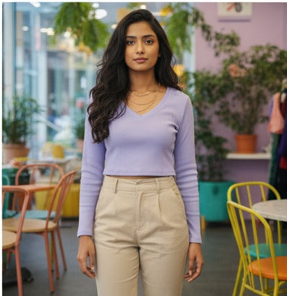 Lilac Ribbed Long-Sleeve Crop Top