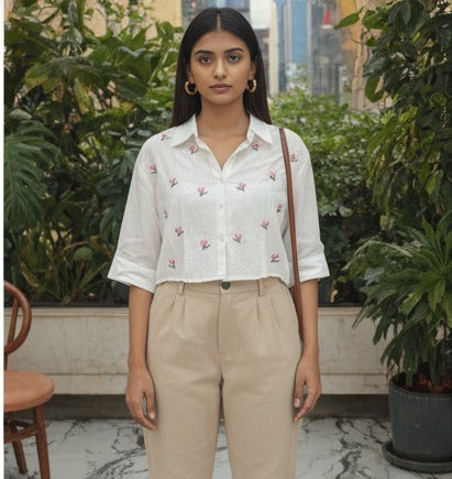 White Embroidered Cropped Button-Up Shirt