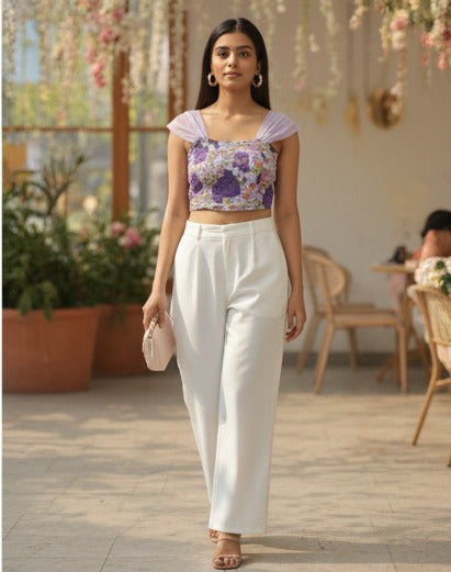 Lavender Floral Smocked Crop Top with Tulle Sleeves