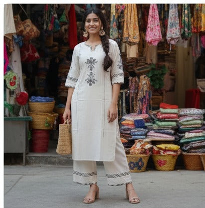 Ivory Embroidered Kurti with Matching Palazzo Set