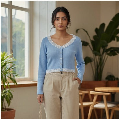 Sky Blue Lace-Trimmed Cropped Cardigan