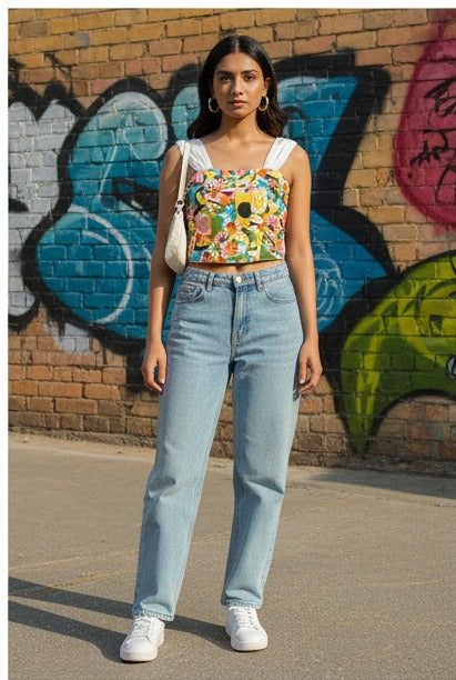 Colorful Floral Printed Crop Top with White Straps