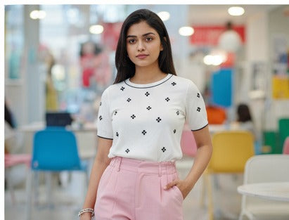 White Floral Embroidered Short Sleeve Knit Top