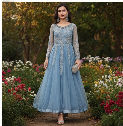Powder Blue Embroidered Tulle Maxi Dress