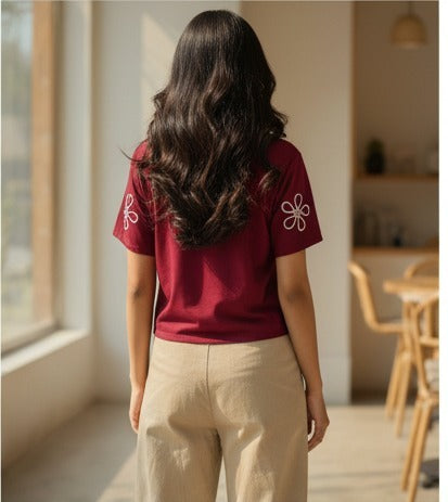 Maroon Floral Embroidered Crop Top