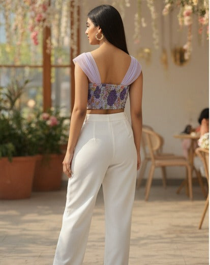 Lavender Floral Smocked Crop Top with Tulle Sleeves