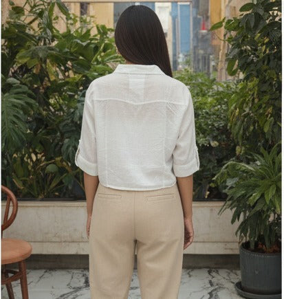 White Embroidered Cropped Button-Up Shirt