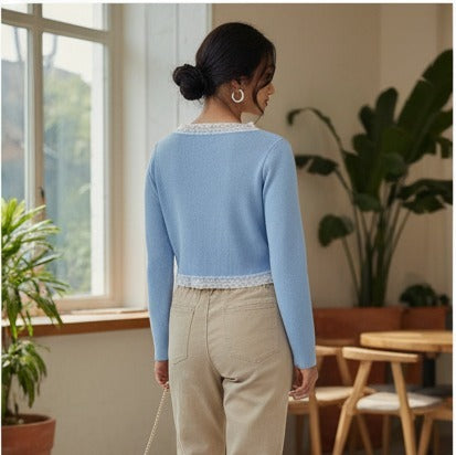 Sky Blue Lace-Trimmed Cropped Cardigan