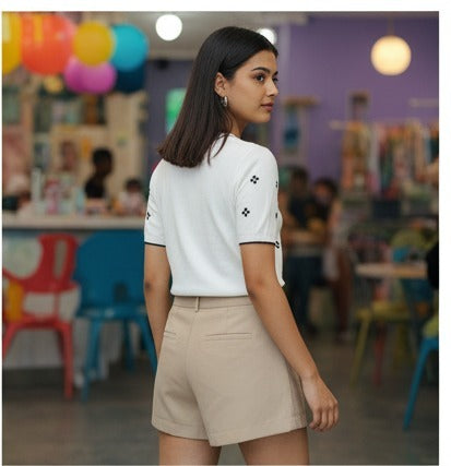 White Floral Embroidered Short Sleeve Sweater