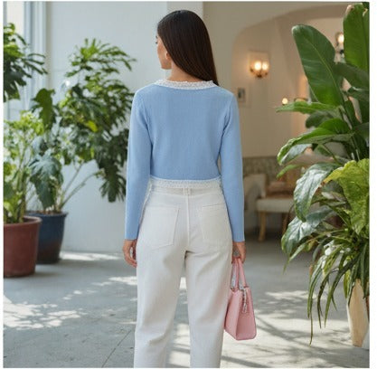 Sky Blue Cropped Cardigan with Lace Trim