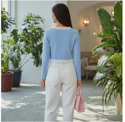 Sky Blue Cropped Cardigan with Lace Trim