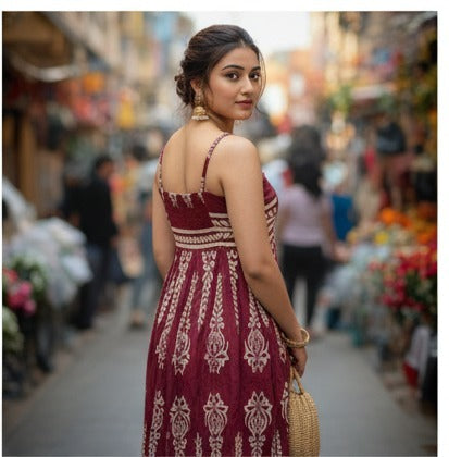 Maroon Ethnic Floral Print Maxi Dress
