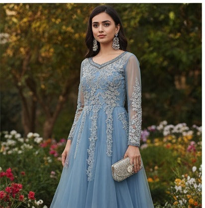 Powder Blue Embroidered Tulle Maxi Dress